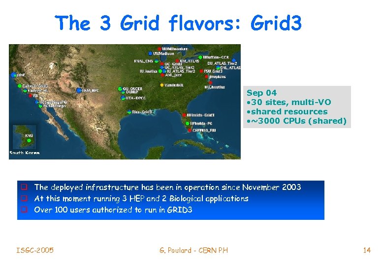 The 3 Grid flavors: Grid 3 Sep 04 • 30 sites, multi-VO • shared