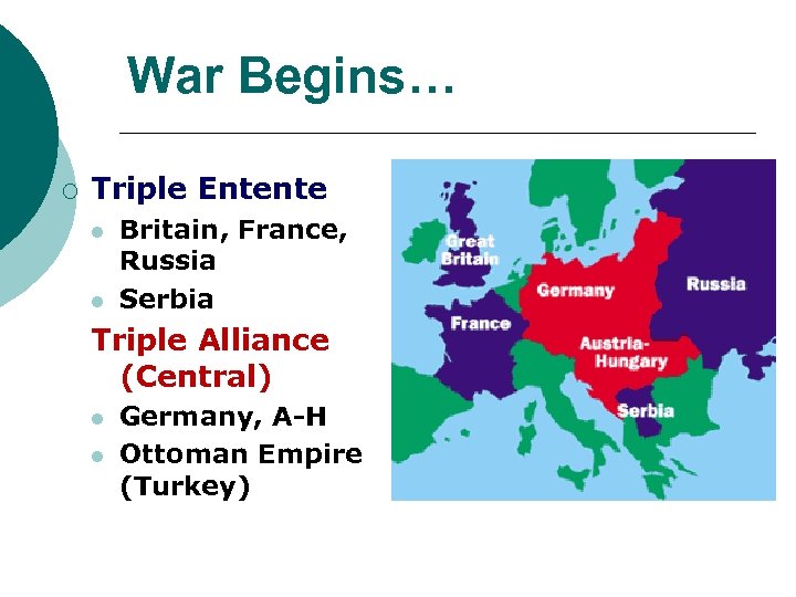War Begins… ¡ Triple Entente l l Britain, France, Russia Serbia Triple Alliance (Central)