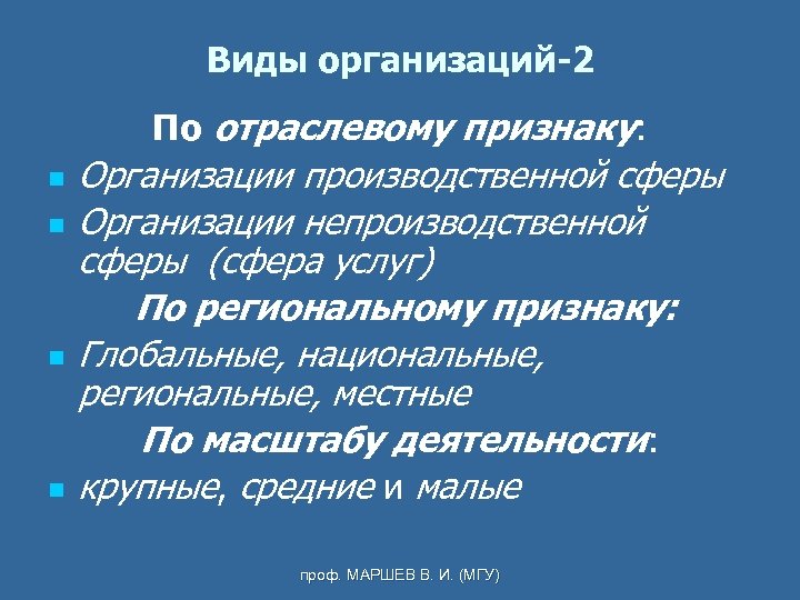Виды организаций-2 По отраслевому признаку: n n Организации производственной сферы Организации непроизводственной сферы (сфера
