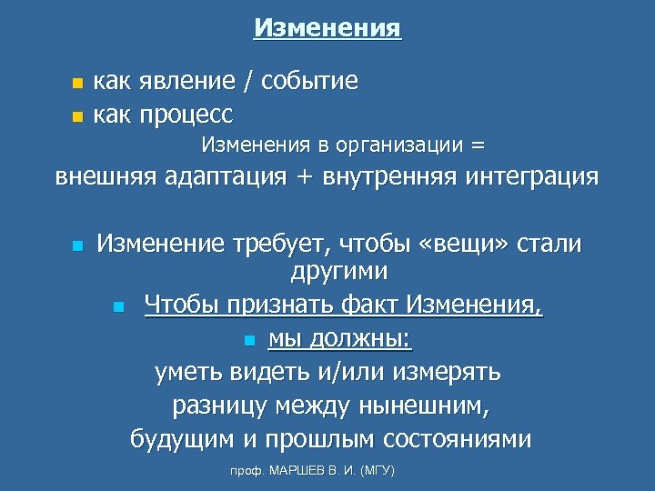 Изменения как явление / событие n как процесс n Изменения в организации = внешняя