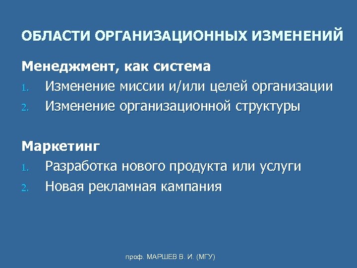 ОБЛАСТИ ОРГАНИЗАЦИОННЫХ ИЗМЕНЕНИЙ Менеджмент, как система 1. Изменение миссии и/или целей организации 2. Изменение