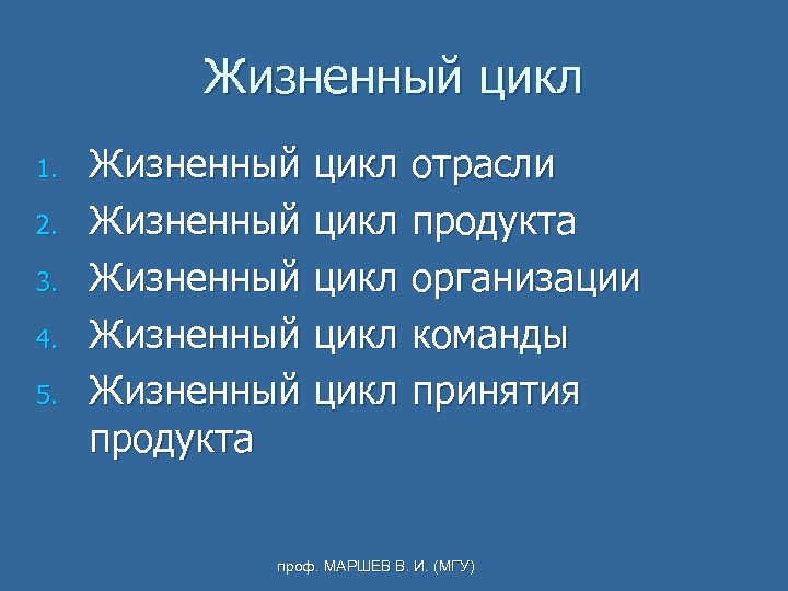 Жизненный цикл 1. 2. 3. 4. 5. Жизненный цикл отрасли Жизненный цикл продукта Жизненный