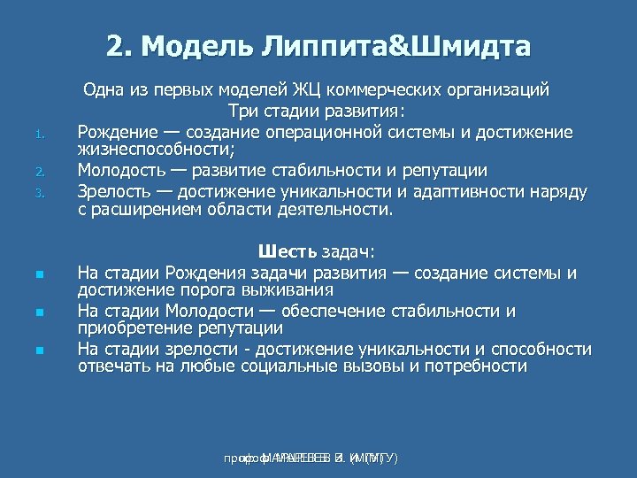 2. Модель Липпита&Шмидта 1. 2. 3. n n n Одна из первых моделей ЖЦ