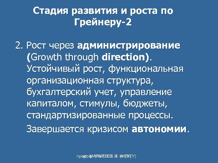 Стадия развития и роста по Грейнеру-2 2. Рост через администрирование (Growth through direction). Устойчивый