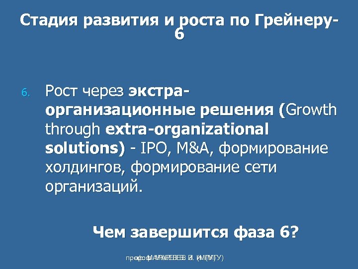 Стадия развития и роста по Грейнеру6 6. Рост через экстраорганизационные решения (Growth through extra-organizational