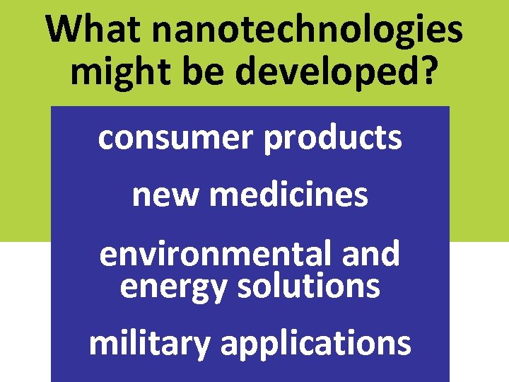 What nanotechnologies might be developed? consumer products new medicines environmental and energy solutions military