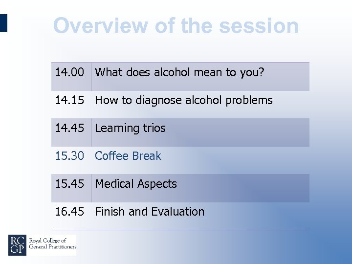 Overview of the session 14. 00 What does alcohol mean to you? 14. 15