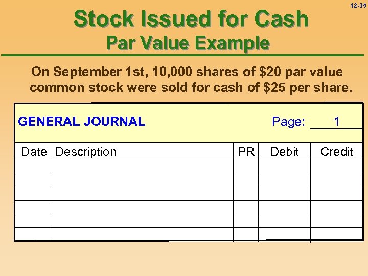 12 -35 Stock Issued for Cash Par Value Example On September 1 st, 10,