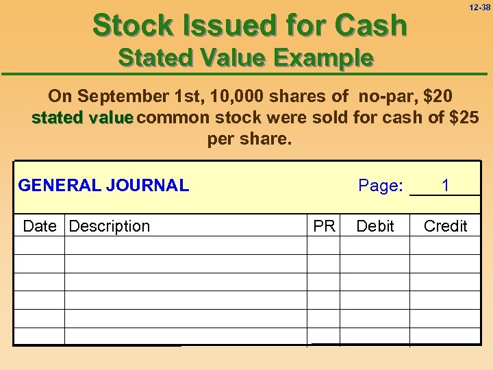 12 -38 Stock Issued for Cash Stated Value Example On September 1 st, 10,
