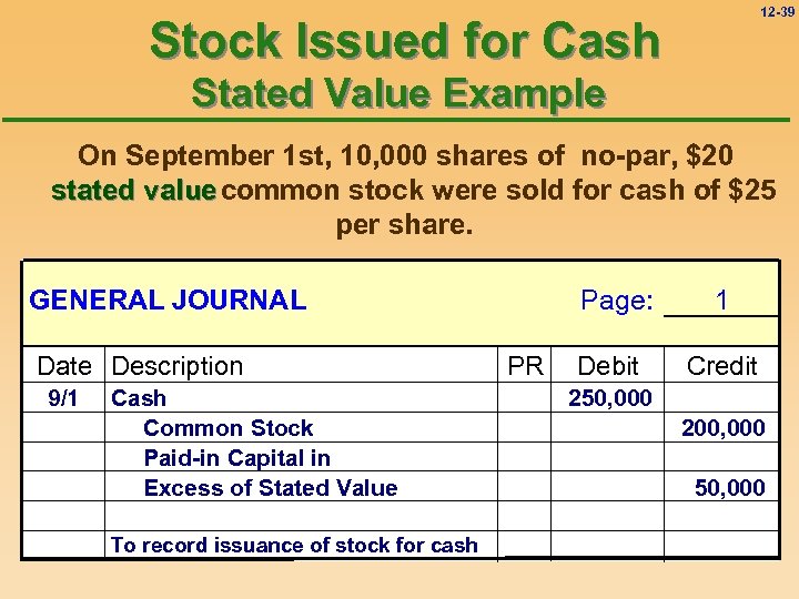 12 -39 Stock Issued for Cash Stated Value Example On September 1 st, 10,