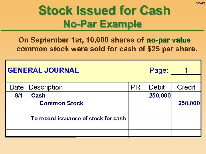 12 -41 Stock Issued for Cash No-Par Example On September 1 st, 10, 000
