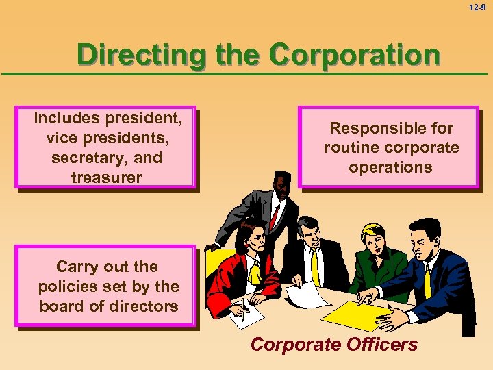 12 -9 Directing the Corporation Includes president, vice presidents, secretary, and treasurer Responsible for