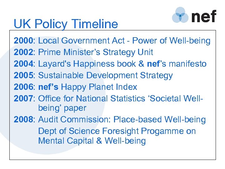 UK Policy Timeline 2000: Local Government Act - Power of Well-being 2002: Prime Minister’s