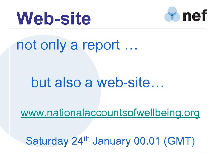 Web-site not only a report … but also a web-site… www. nationalaccountsofwellbeing. org Saturday