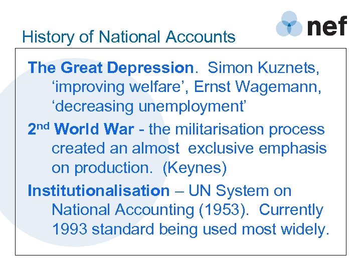 History of National Accounts The Great Depression. Simon Kuznets, ‘improving welfare’, Ernst Wagemann, ‘decreasing