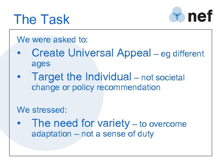 The Task We were asked to: • Create Universal Appeal – eg different ages