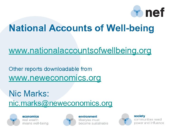 National Accounts of Well-being www. nationalaccountsofwellbeing. org Other reports downloadable from www. neweconomics. org