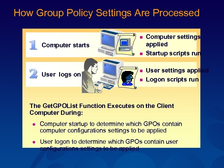 How Group Policy Settings Are Processed n Computer starts n User logs on n