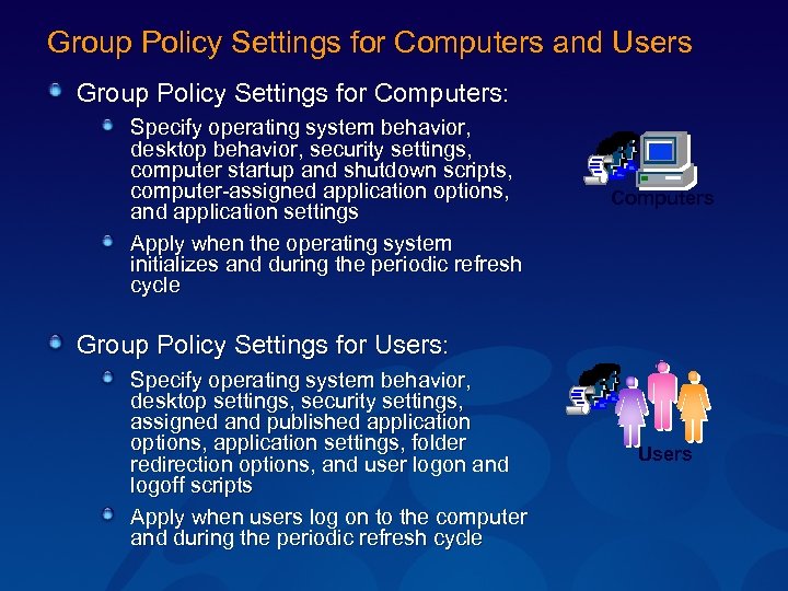 Group Policy Settings for Computers and Users Group Policy Settings for Computers: Specify operating