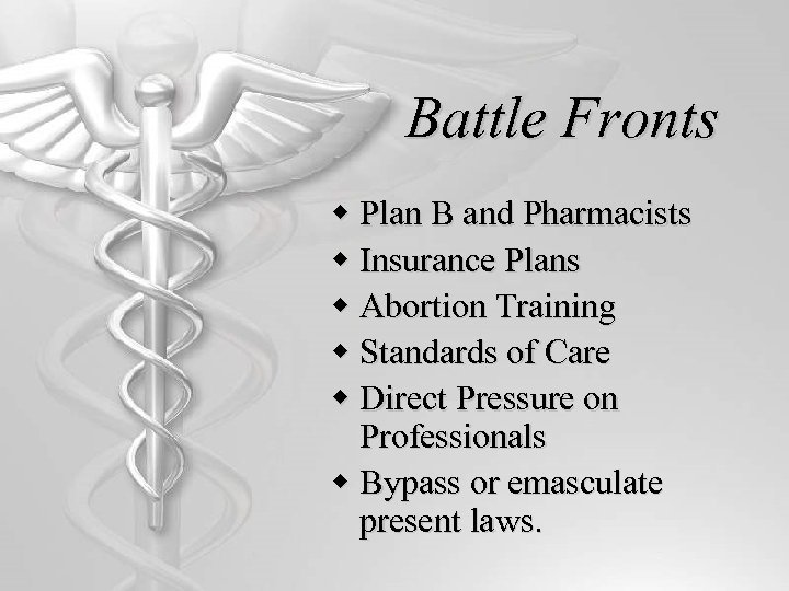 Battle Fronts w Plan B and Pharmacists w Insurance Plans w Abortion Training w