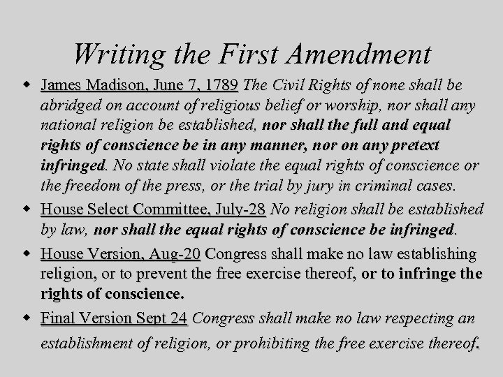 Writing the First Amendment w James Madison, June 7, 1789 The Civil Rights of