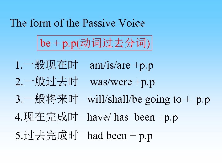 The form of the Passive Voice be + p. p(动词过去分词) 1. 一般现在时 am/is/are +p.