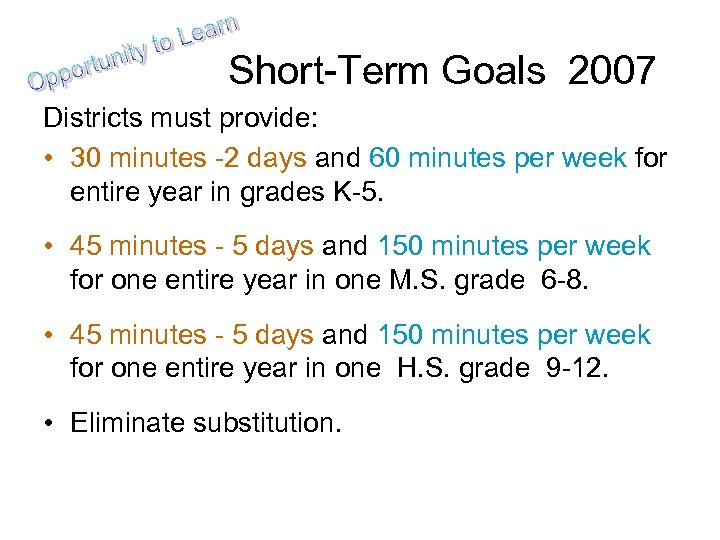 Short-Term Goals 2007 Districts must provide: • 30 minutes -2 days and 60 minutes