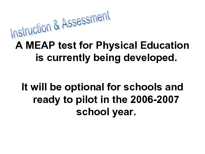 A MEAP test for Physical Education is currently being developed. It will be optional