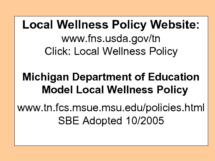 Local Wellness Policy Website: www. fns. usda. gov/tn Click: Local Wellness Policy Michigan Department