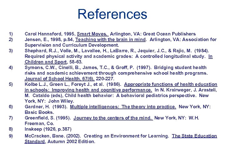 References 1) 2) 3) 4) 5) 6) 7) 8) 9) Carol Hannaford, 1995, Smart