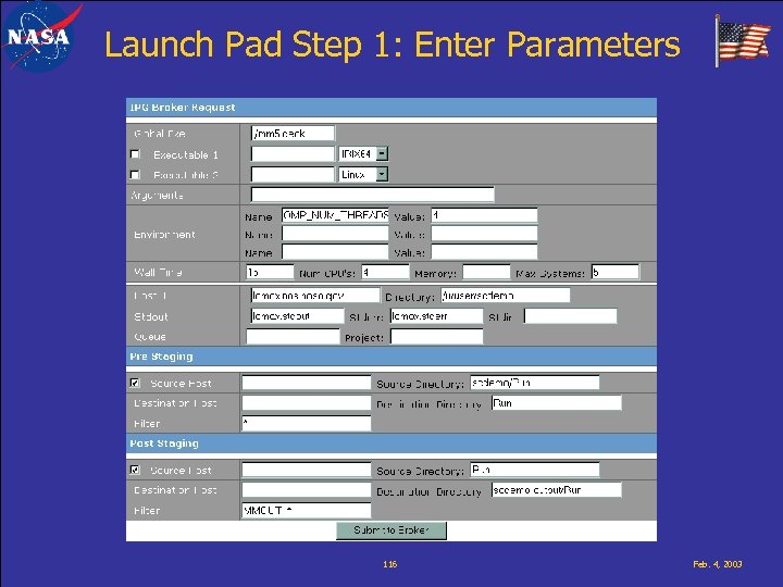 Launch Pad Step 1: Enter Parameters 116 Feb. 4, 2003 