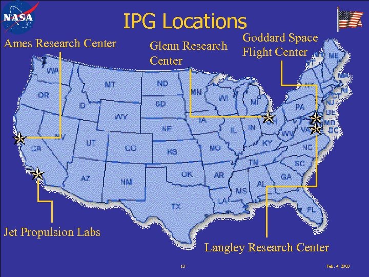 IPG Locations Ames Research Center Glenn Research Center Goddard Space Flight Center Jet Propulsion