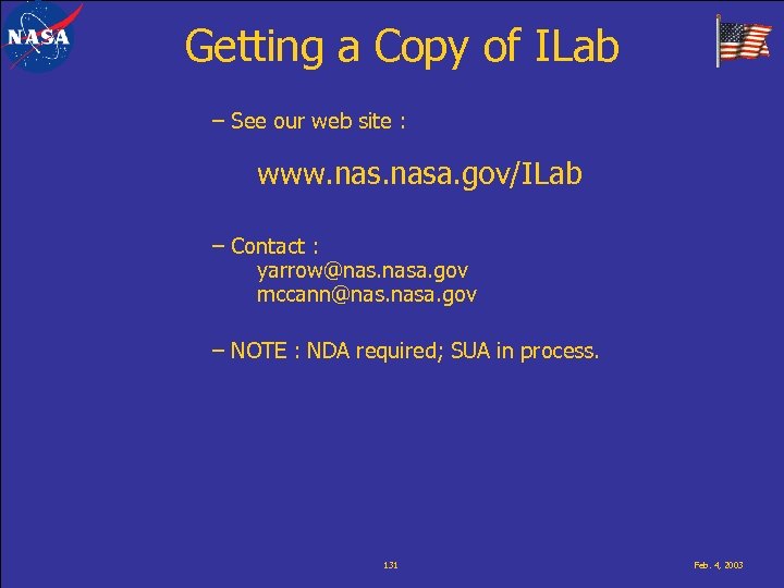 Getting a Copy of ILab – See our web site : www. nasa. gov/ILab