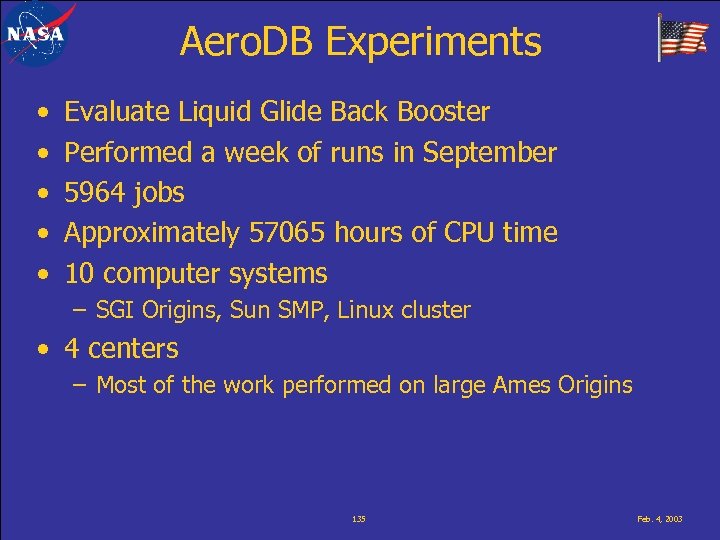 Aero. DB Experiments • • • Evaluate Liquid Glide Back Booster Performed a week