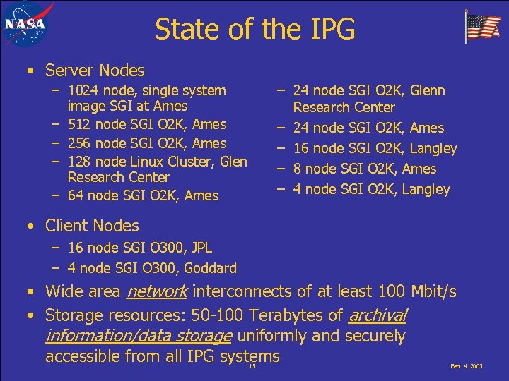 State of the IPG • Server Nodes – 1024 node, single system image SGI