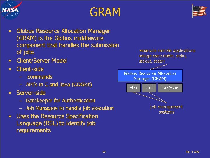 GRAM • Globus Resource Allocation Manager (GRAM) is the Globus middleware component that handles