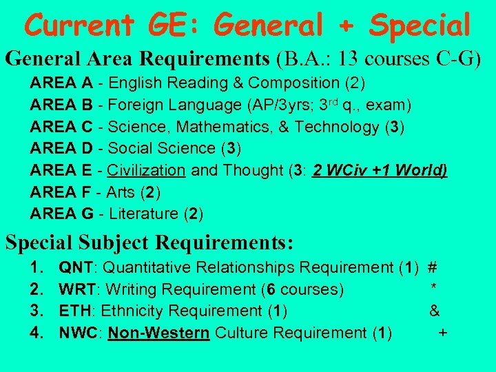 Current GE: General + Special General Area Requirements (B. A. : 13 courses C-G)