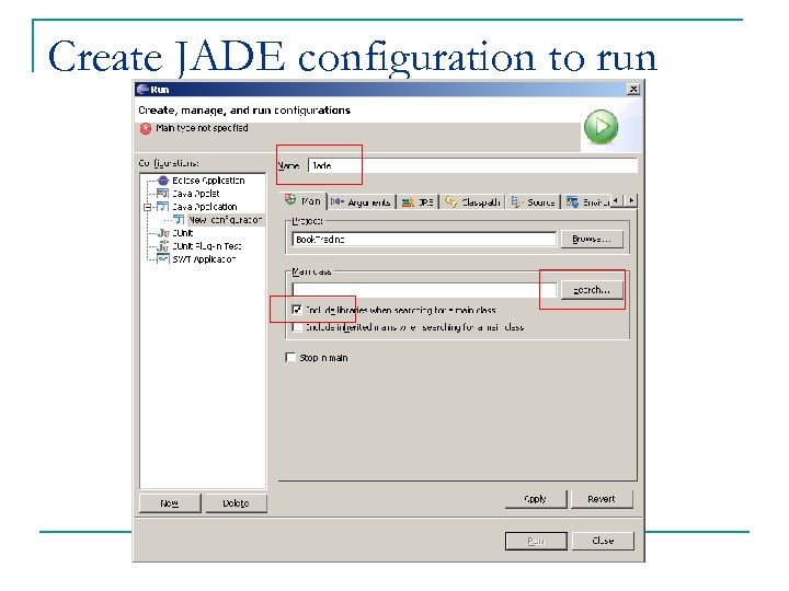 Create JADE configuration to run 