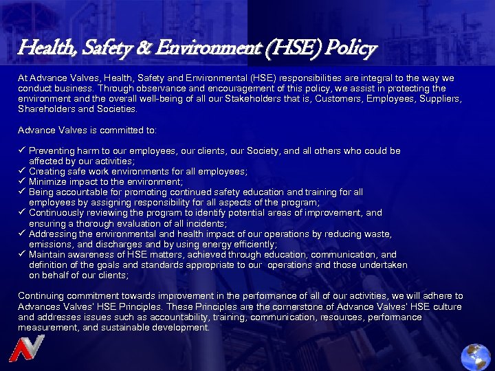 Health, Safety & Environment (HSE) Policy At Advance Valves, Health, Safety and Environmental (HSE)