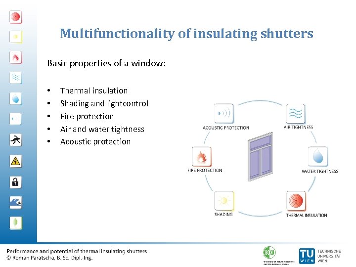 Multifunctionality of insulating shutters Basic properties of a window: • • • Thermal insulation