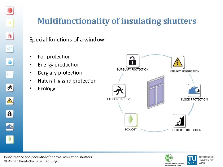 Multifunctionality of insulating shutters Special functions of a window: • • • Fall protection