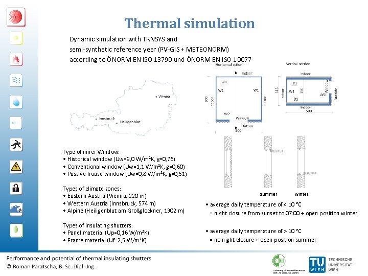 Thermal simulation Dynamic simulation with TRNSYS and semi-synthetic reference year (PV-GIS + METEONORM) according