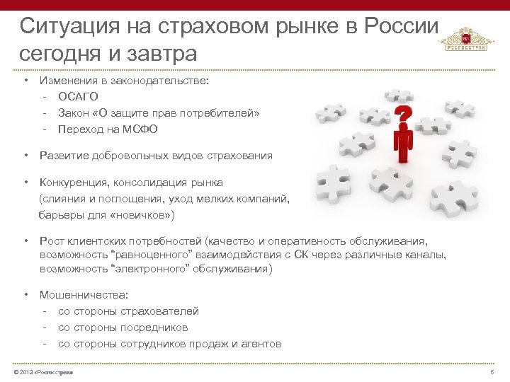 Ситуация на страховом рынке в России сегодня и завтра • Изменения в законодательстве: -