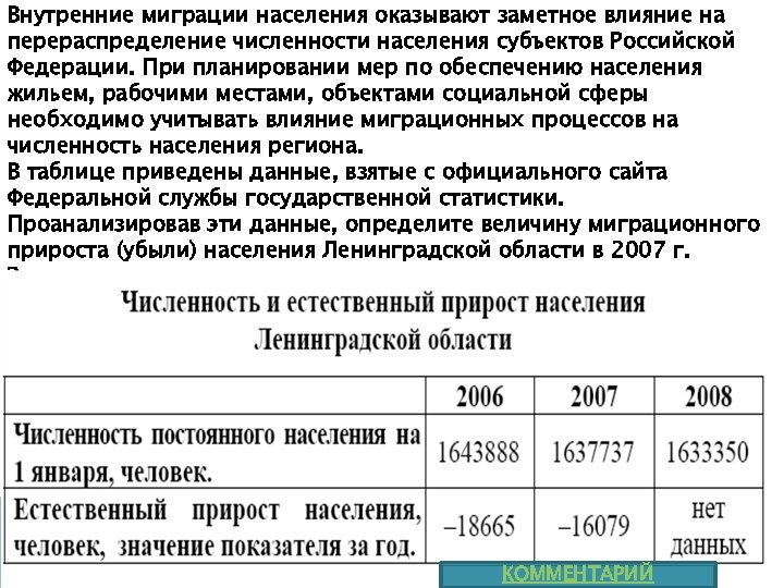 Внутренние миграции населения оказывают заметное влияние на перераспределение численности населения субъектов Российской Федерации. При