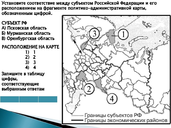 Установите соответствие между субъектом Российской Федерации и его расположением на фрагменте политико-административной карты, обозначенным