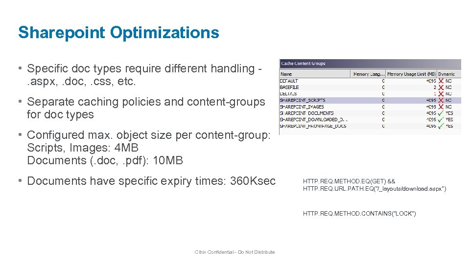Sharepoint Optimizations • Specific doc types require different handling. aspx, . doc, . css,