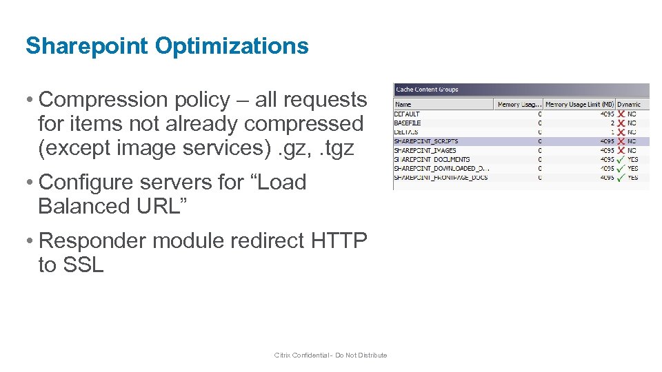 Sharepoint Optimizations • Compression policy – all requests for items not already compressed (except