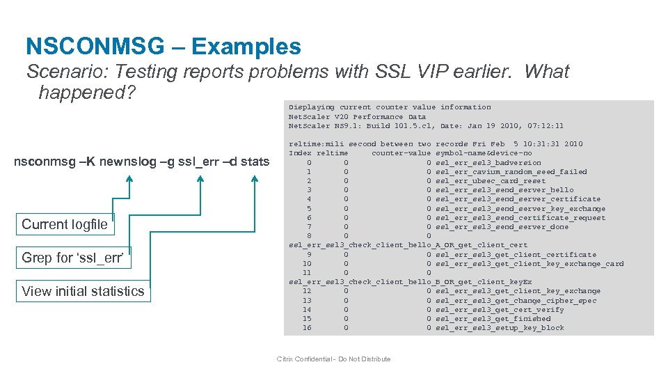 NSCONMSG – Examples Scenario: Testing reports problems with SSL VIP earlier. What happened? Displaying