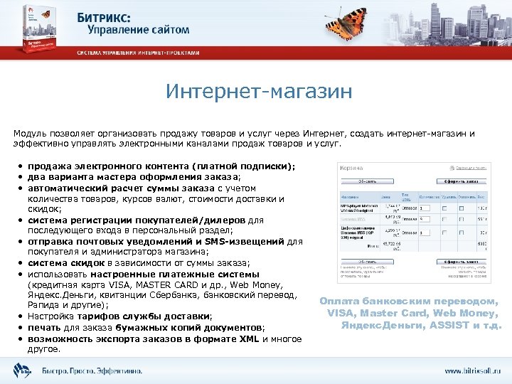 Интернет-магазин Модуль позволяет организовать продажу товаров и услуг через Интернет, создать интернет-магазин и эффективно