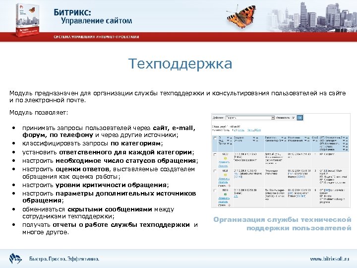 Техподдержка Модуль предназначен для организации службы техподдержки и консультирования пользователей на сайте и по